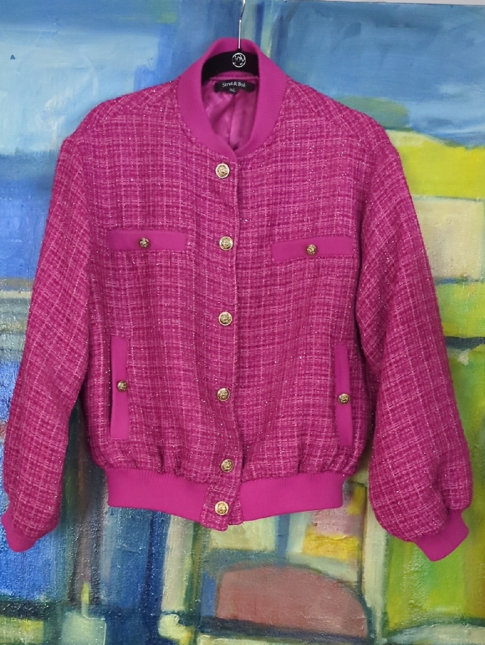 Strut & Bolt magenta metallic tweed bomber jacket W/ gold buttons Size Small